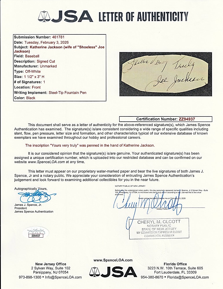 Joe Jackson Cut Signature Signed by Wife Katie Jackson – Full JSA LOA