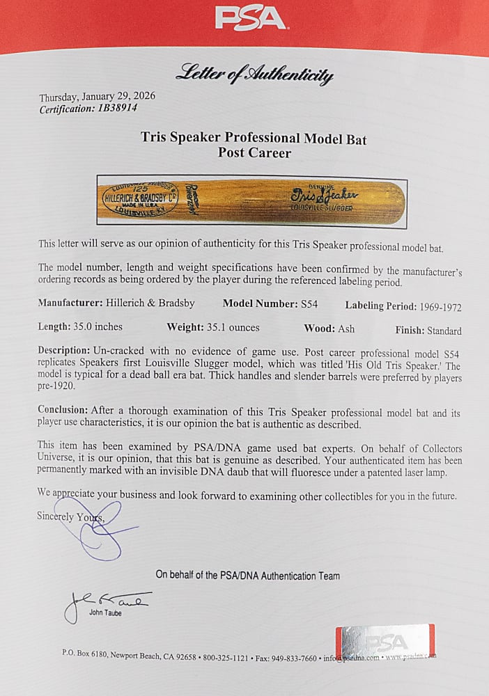 1969-1972 Tris Speaker Post Career First Louisville Slugger Professional Model Bat - PSA/DNA LOA