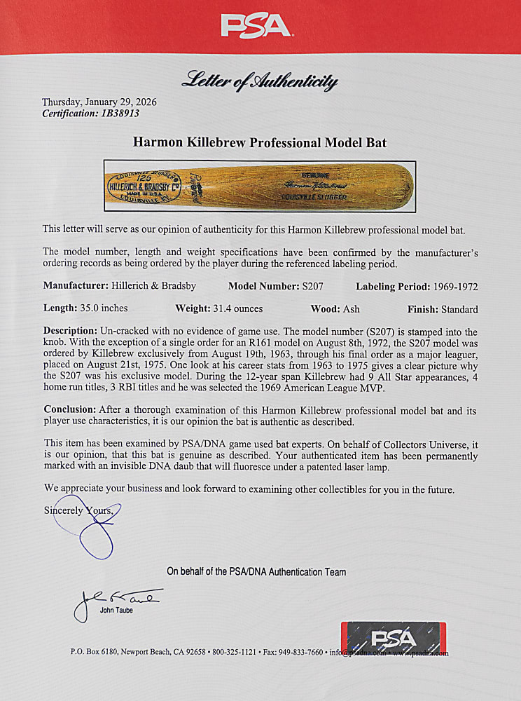 1969-1972 Harmon Killebrew Minnesota Twins Professional Model Bat - PSA/DNA LOA