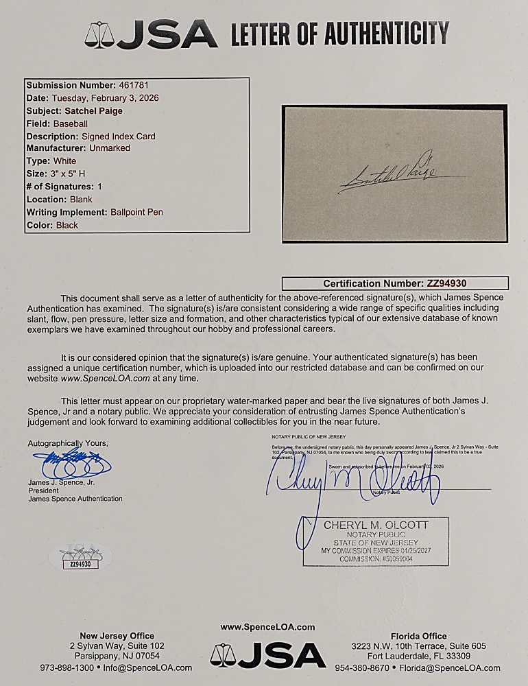 Satchel Paige Signed Index Card - Full JSA LOA