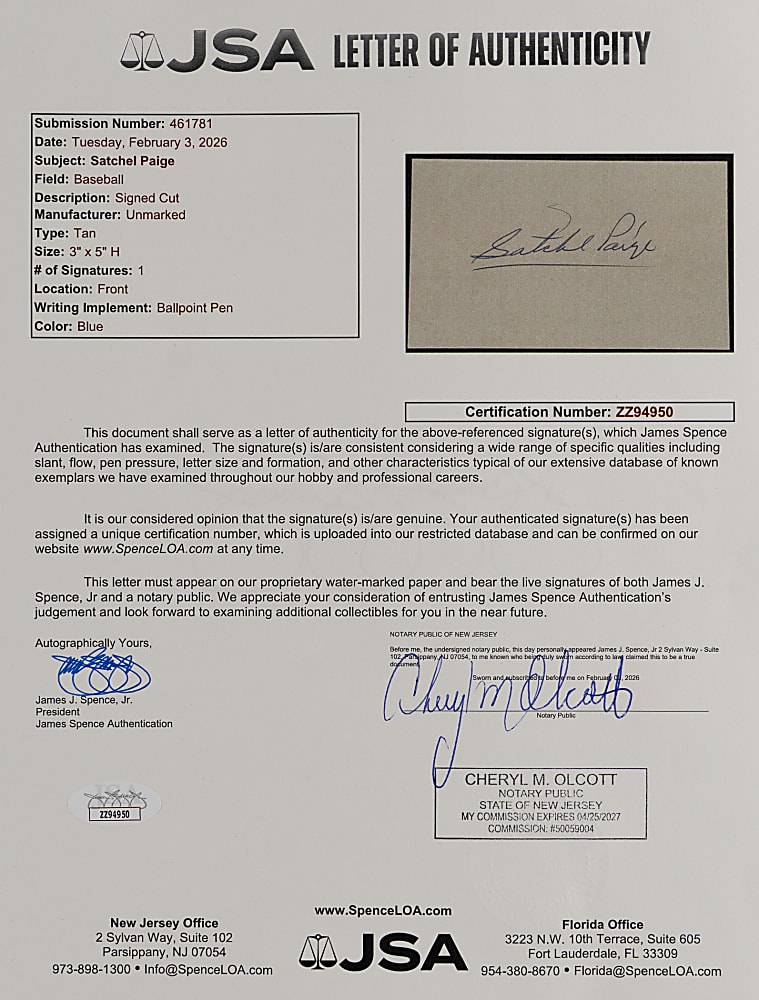 Satchel Paige Signed Index with Full JSA LOA