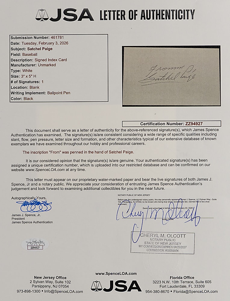Satchel Paige Signed and Inscribed Index Card - Full JSA LOA
