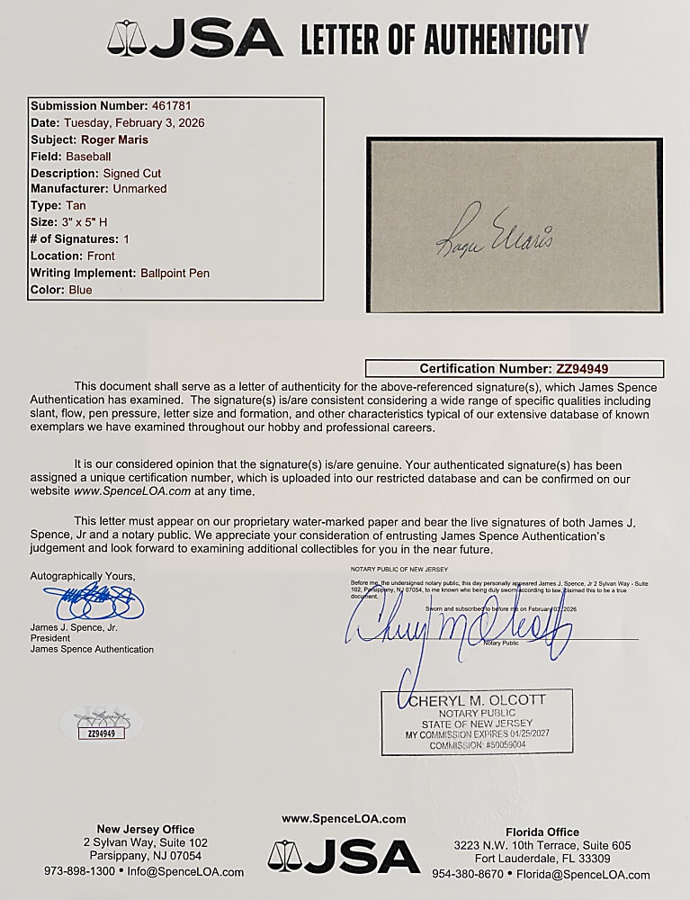 Roger Maris Signed Index Card with Full JSA LOA