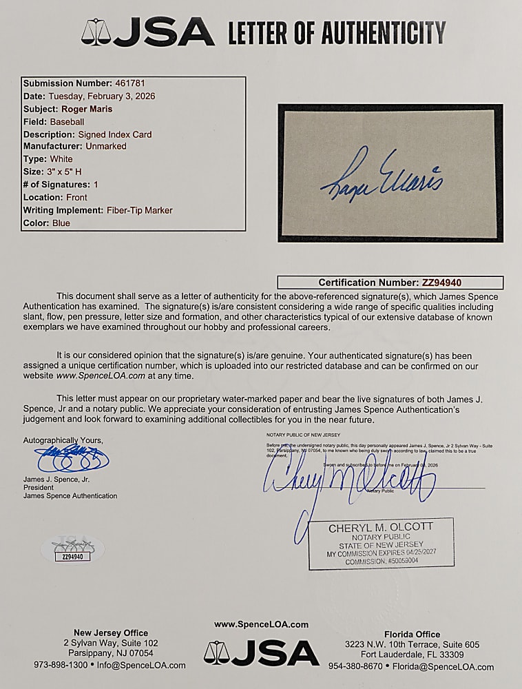 Roger Maris Boldly Signed Index Card - Full JSA LOA