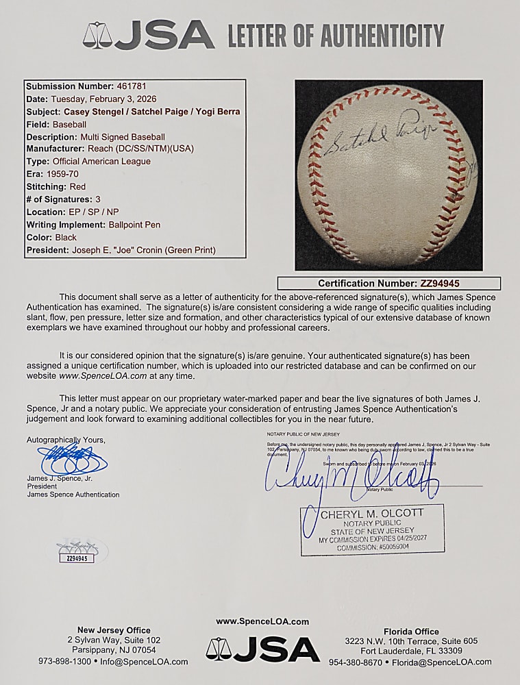 Satchel Paige, Yogi Berra and Casey Stengel Triple-Signed OAL/Cronin Baseball - Full JSA LOA