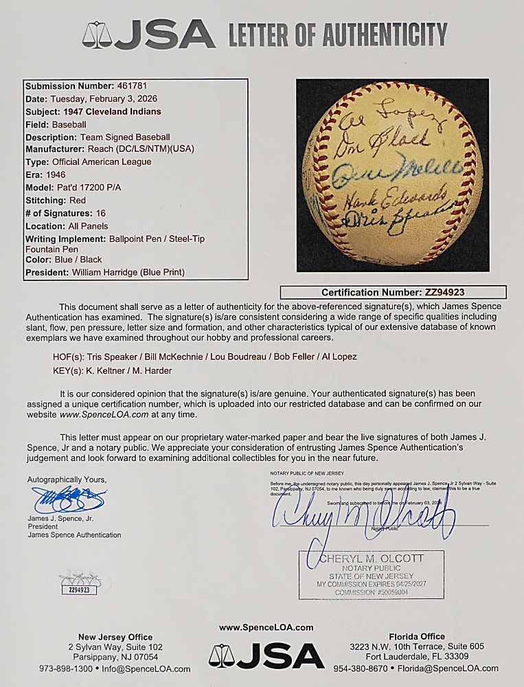 1947 Cleveland Indians Team-Signed OAL/Harridge Baseball with (16) Signatures Including Tris Speaker, Bob Feller & Bill McKechnie - Full JSA LOA