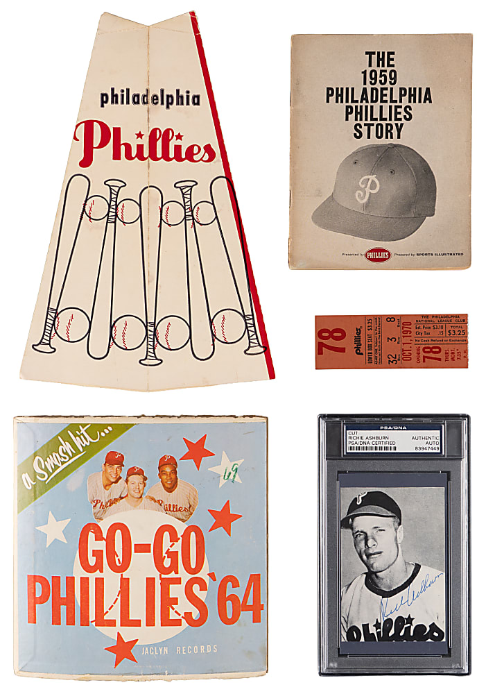 1940s-1970s Philadelphia Phillies Memorabilia Group (9) with 1950 & 1964 World Series Programs, Richie Ashburn PSA, Last Game at Connie Mack Stadium