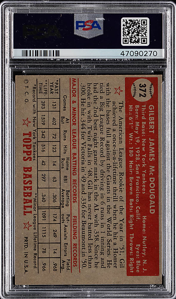 1952 Topps #372 Gil McDougald High Number Rookie PSA EX-MT 6