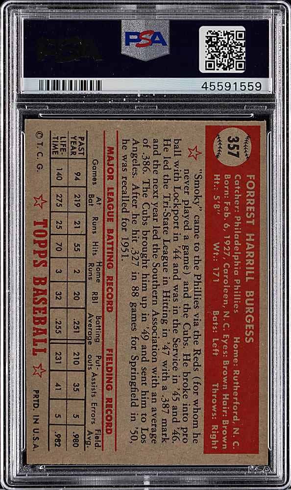 1952 Topps #357 Smoky Burgess High Number PSA EX-MT 6