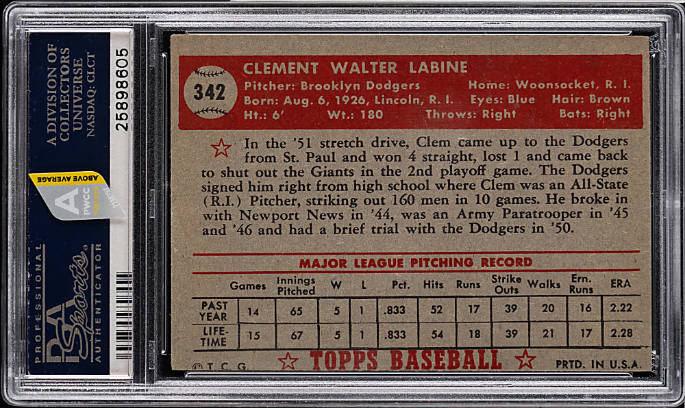 1952 Topps #342 Clem Labine High Number PSA EX 5