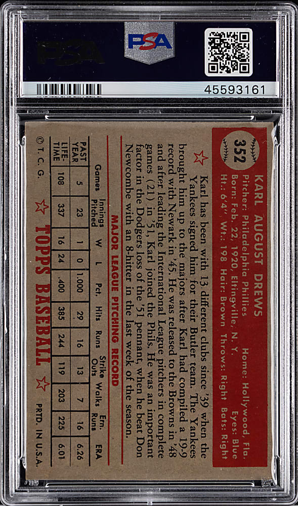 1952 Topps #352 Karl Drews High Number PSA EX-MT 6