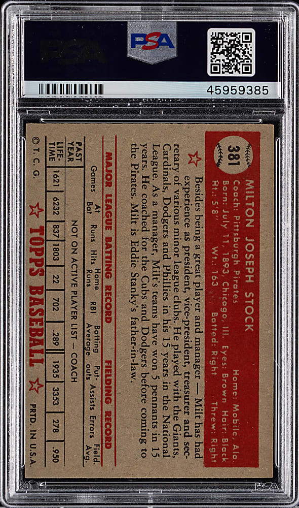 1952 Topps #381 Milton Stock High Number PSA EX-MT 6