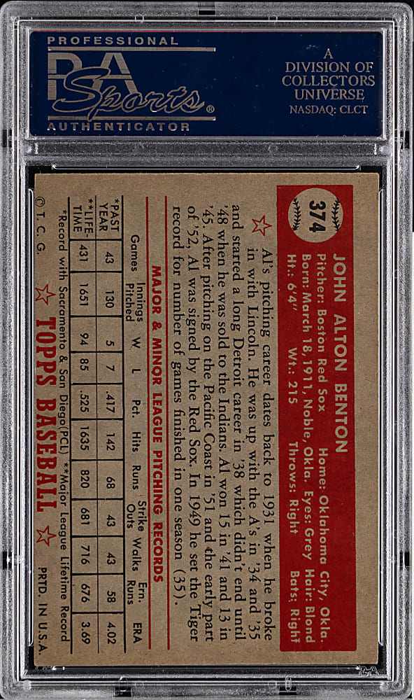 1952 Topps #374 Al Benton High Number PSA EX-MT 6