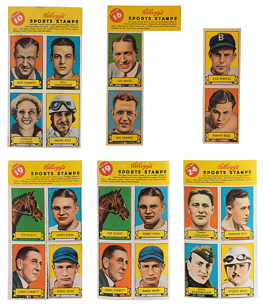 1937 Kellogg's Sports Stamps Group (5) with Red Grange, Eddie Rickenbacker & Jack Sharkey