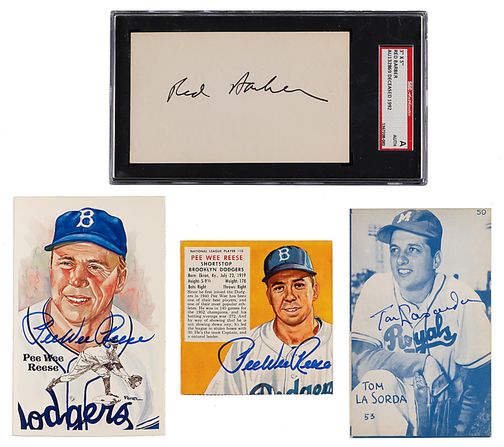 Signed Brooklyn Dodgers Card & Index Card Group (4) with (2) Reese, Barber & Lasorda Canadian Exhibits Rookie