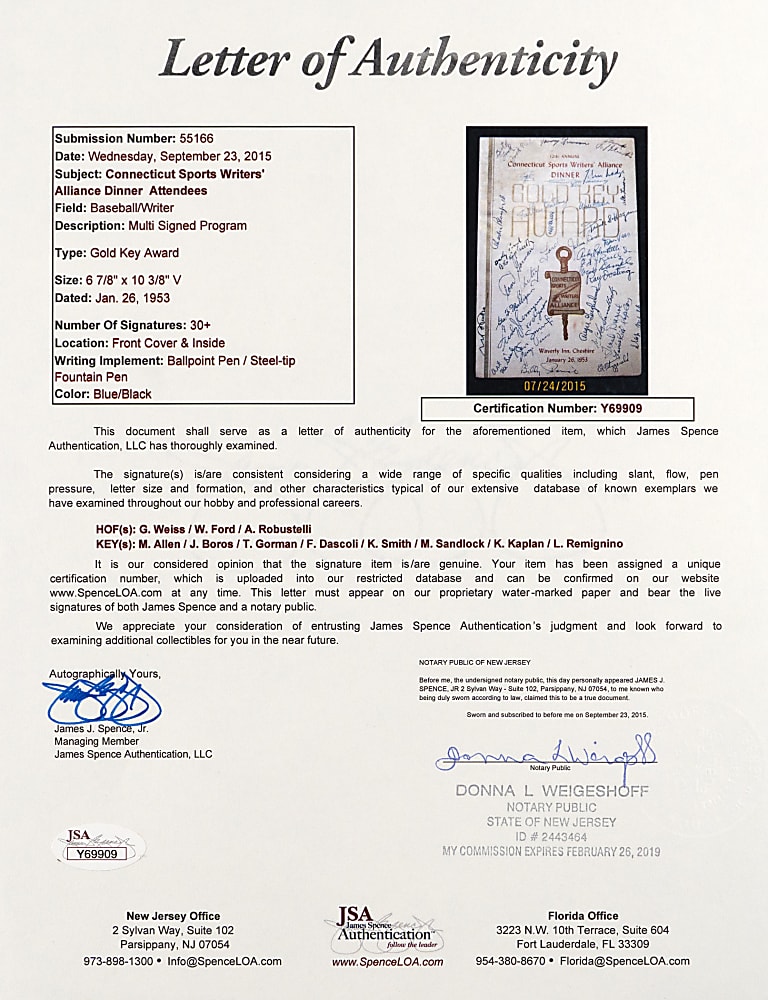 Multi-Signed Program/Sheet Pair with (46) Total Signatures Including Mel Allen, Red Grange & George Weiss - Both Individually Certified