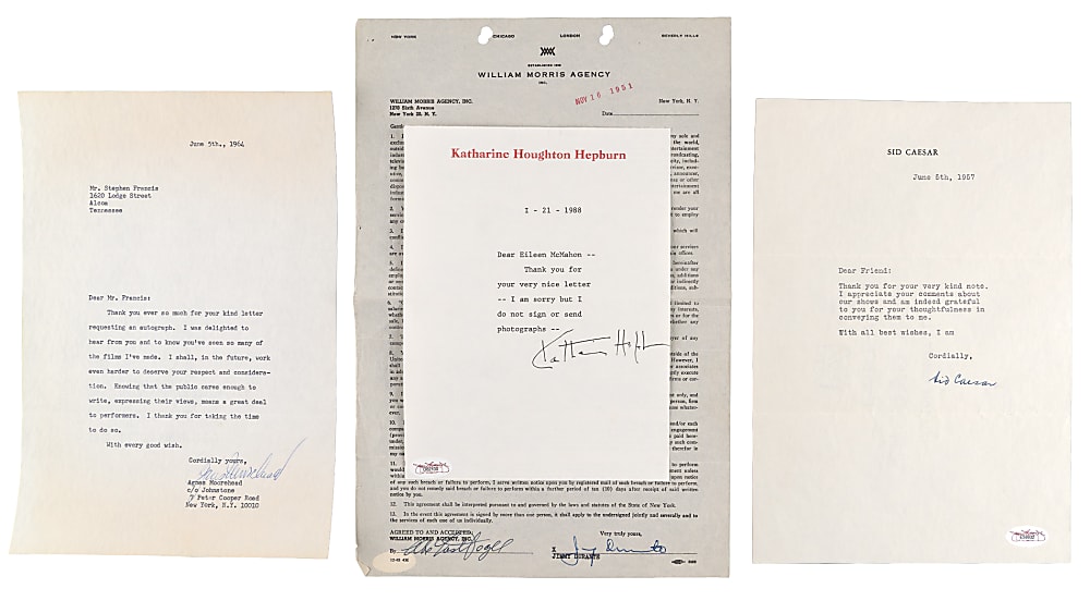 Hollywood Actors/Actresses Signed Letters & Contracts Group (4) with Hepburn, Moorehead, Durante & Caesar