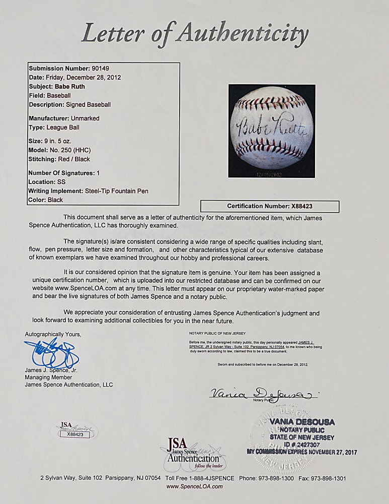 Circa 1937 Babe Ruth Single-Signed Baseball - Full JSA LOA & Family Letter of Provenance