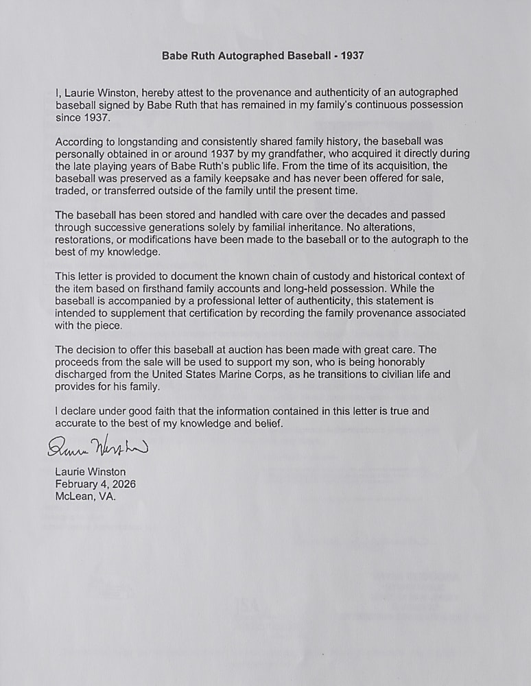 Circa 1937 Babe Ruth Single-Signed Baseball - Full JSA LOA & Family Letter of Provenance