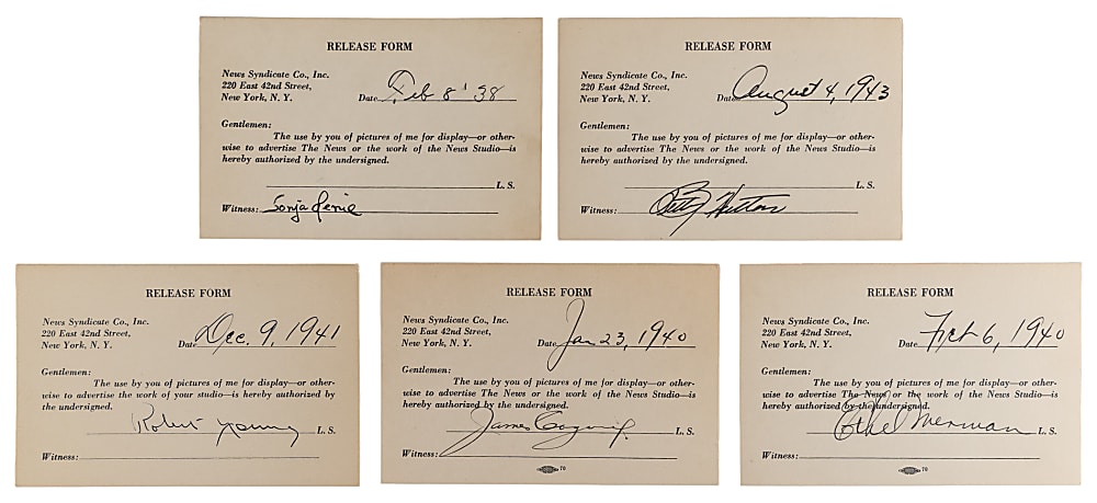 1938-1943 News Syndicate Co. Signed Entertainers Release Forms Group (5) with Cagney, Henie & Merman - All JSA