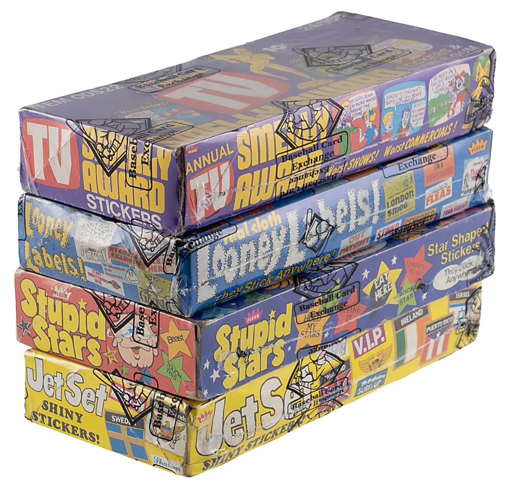 1970-1980 Fleer Non-Sports Unopened Wax Boxes (4) with Smelly Awards, Stupid Stars, Shiny Jet & Looney Labels - BBCE