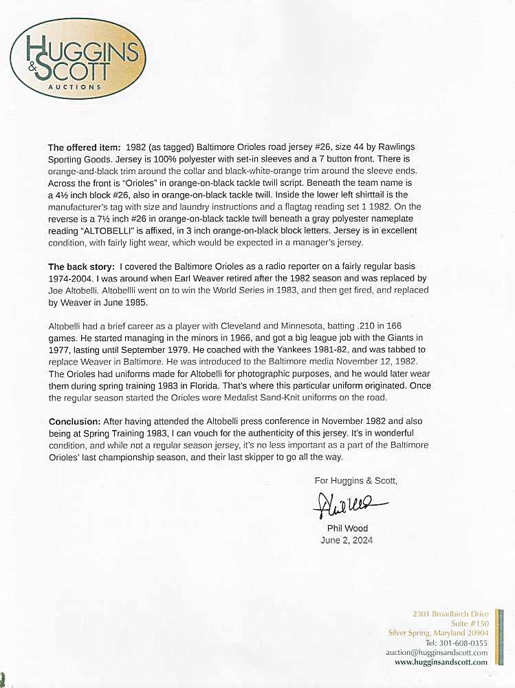 1983 Joe Altobelli Baltimore Orioles Game-Used Road Jersey from Championship Season - Phil Wood LOA