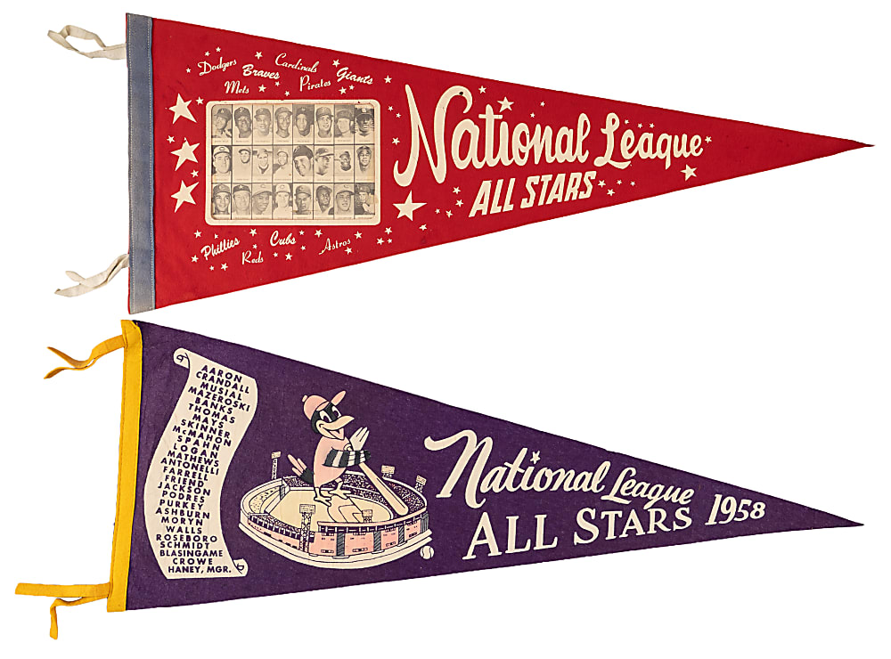 1950s-1980s Baseball Pennants (3) with (2) National League All-Stars & Hall of Fame Members