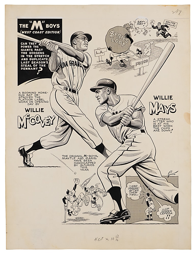 1963 The Sporting News The “M” Boys by Ray Gotto Comic Illustration Production Proof with Mays & McCovey