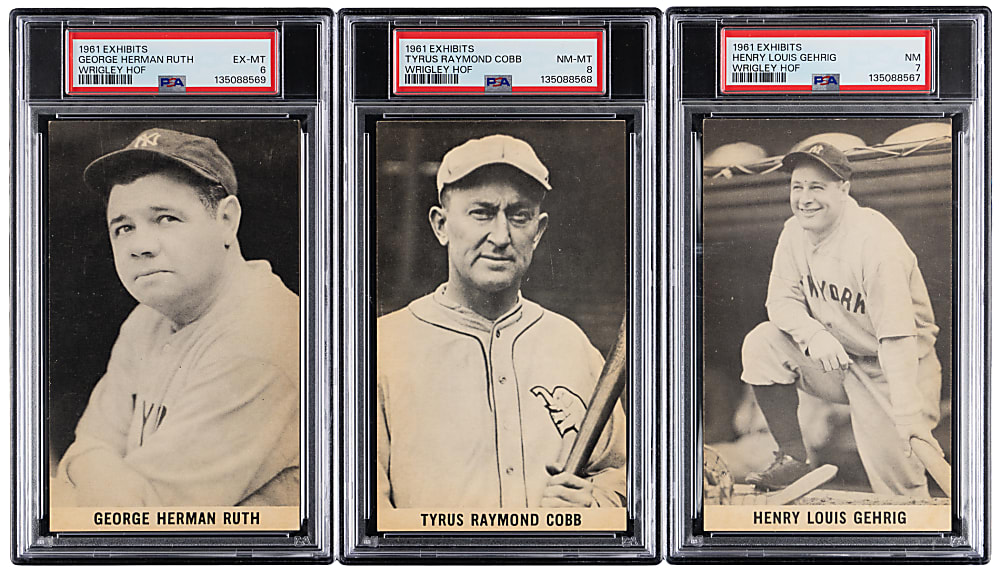 1961 Wrigley Field Hall of Fame Exhibits Complete High-Grade Set (24) with (3) PSA Graded Including NM-MT 8 Cobb (High Graded), Gehrig & Ruth