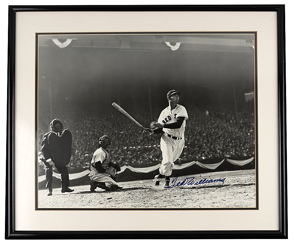 Hall of Famer Signed Photograph Displays (3) with T. Williams, J. DiMaggio & Mantle/DiMaggio Dual-Signed