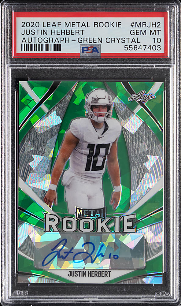 2020 Leaf Metal Football Rookie #MRJH2 Justin Herbert Green Crystal Autograph #1/4 PSA GEM MINT 10
