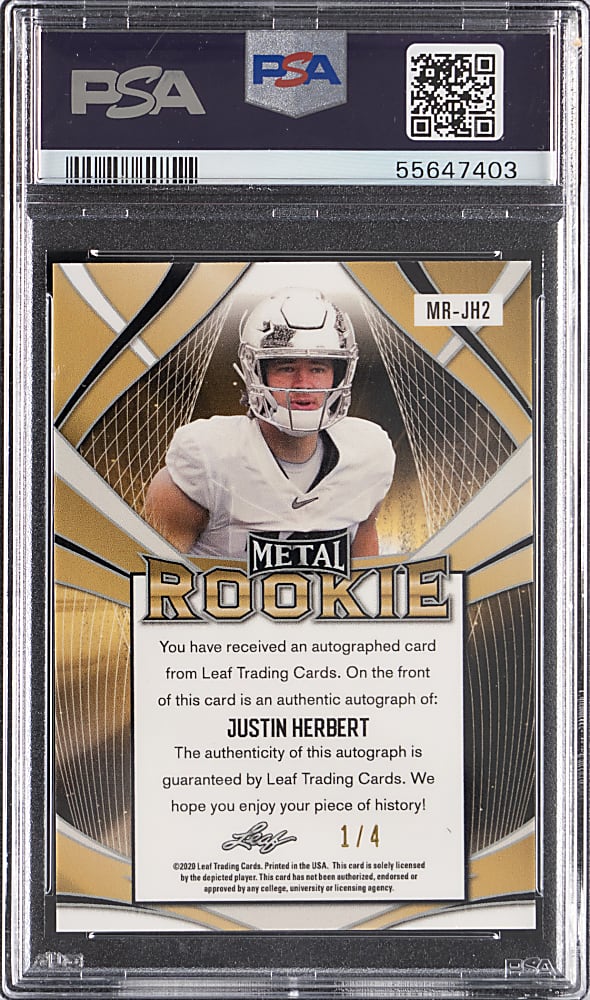 2020 Leaf Metal Football Rookie #MRJH2 Justin Herbert Green Crystal Autograph #1/4 PSA GEM MINT 10