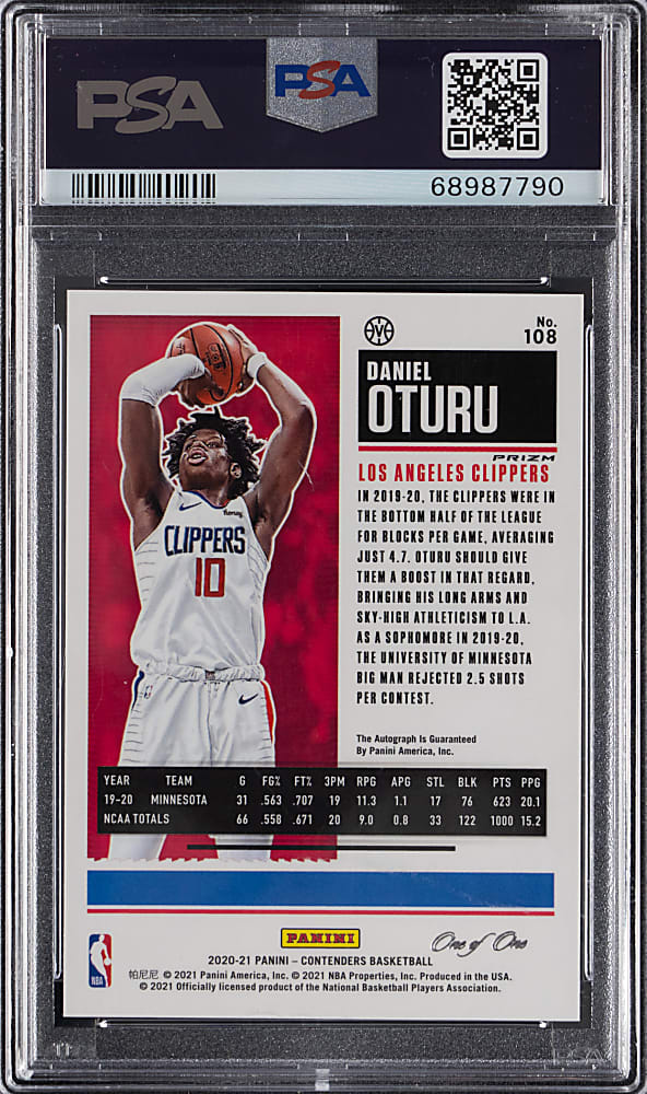 2020-2021 Panini Contenders Basketball #108 Daniel Oturu Rookie Premium Edition Autograph Gold Shimmer One of One PSA GEM MINT 10
