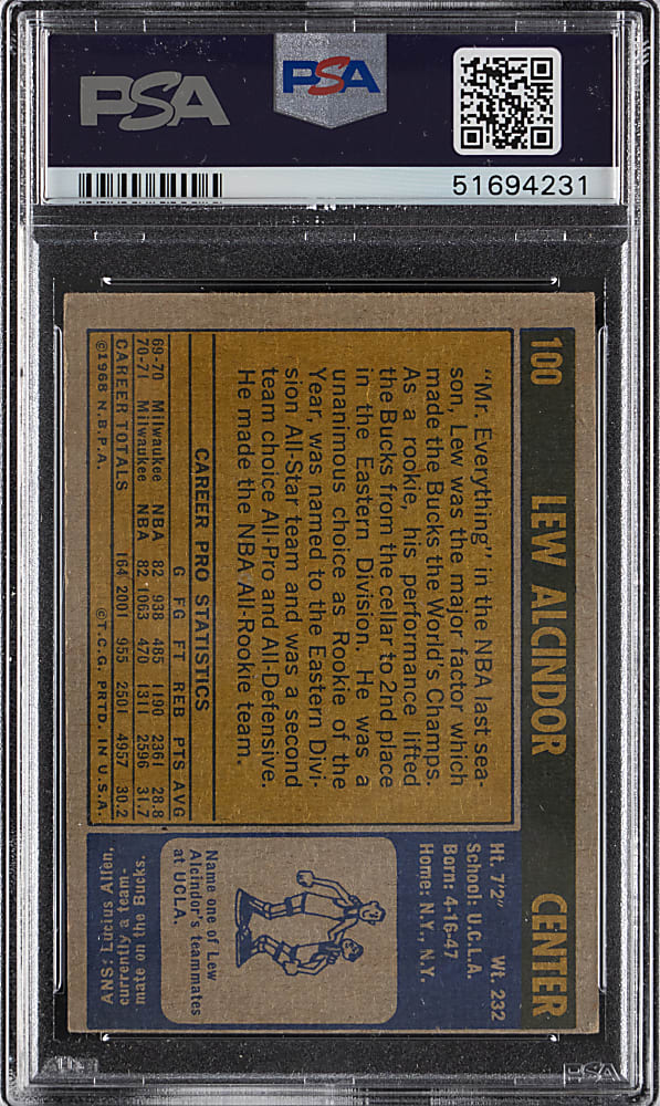 1971-1972 Topps Basketball #100 Lew Alcindor PSA VG 3