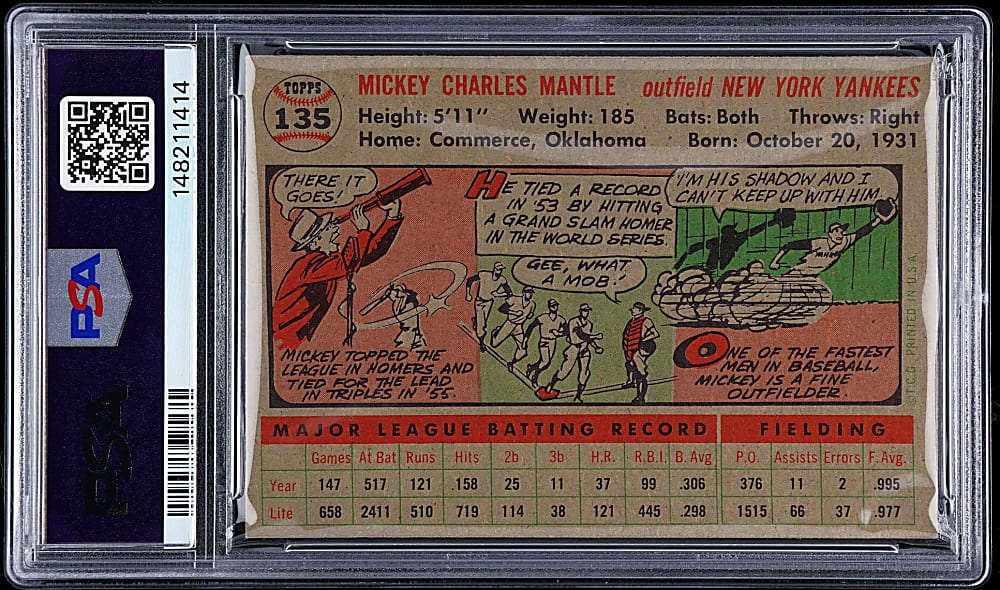 1956 Topps #135 Mickey Mantle Gray Back PSA EX-MT 6 - Gorgeous!