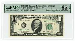 1977 $10 Federal Reserve Note Solvent Smear Error - PMG GU65 EPQ