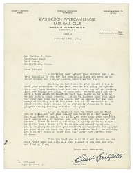 1944 Clark Griffith Signed Typed Letter Signed To George W. Case On Washington Base Ball Club Letterhead