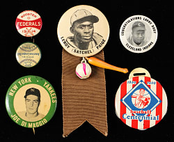 1900s-1950s Baseball Pin and Scorer Collection (6) with Joe DiMaggio, Satchel Paige, Chicago Federals & Centennial
