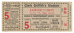 1933 World Series Game 5 New York Giants at Washington Nationals Ticket Stub - Clean