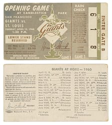 April 12, 1960 St. Louis Cardinals at San Francisco Giants Ticket Stub - First Game at Candlestick Park