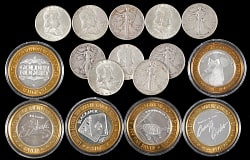 20th Century U.S./Foreign Coins and Paper Currency Collection (150+) with Silver Casino Chips (6) & Silver Half Dollars (29)