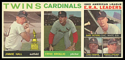 1964 Topps 3-Card Salesman Sample Panel with #50 Mickey Mantle Back - A.L. E.R.A. Leaders/Broglio/Hall