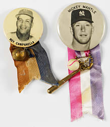 1950s PM10 Hall of Famer Pins (2) with Mickey Mantle & Roy Campanella - Both with Ribbons/Charms