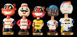 1966-1971 Gold Base Mascot Bobblehead Collection (5) with Mr. Met Bank & (2) Different Indians Chief Wahoo