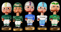 1960s NFL/AFL Gold Base Bobbleheads (5) with Jets, Oilers, Cowboys & (2) Eagles Variations