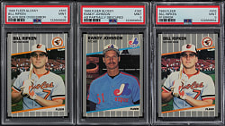 1989 Fleer PSA MINT 9 Trio with #381 Randy Johnson (Ad Partially Obscured) & (2) #616 Bill Ripken with FF & Black Box