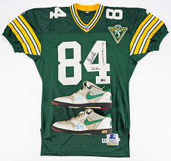 Sterling Sharpe Signed Collection (6) with Pro-Model Cleats, Pro-Cut Jersey & NFL Debut Program/Ticket Stubs