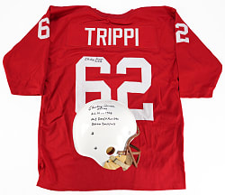 Charley Trippi Signed & 4X Inscribed Authentic Historic Suspension Full-Sized Helmet Plus Signed & Inscribed Jersey Pair