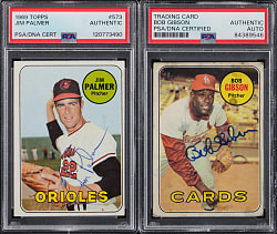 1969 Topps Hall of Fame Signed Card Pair with Bob Gibson & Jim Palmer - Both PSA/DNA Authentic