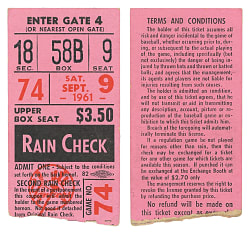 September 9th, 1961 New York Yankees vs. Cleveland Indians Ticket Stub - Roger Maris 56th Home Run of the Season!